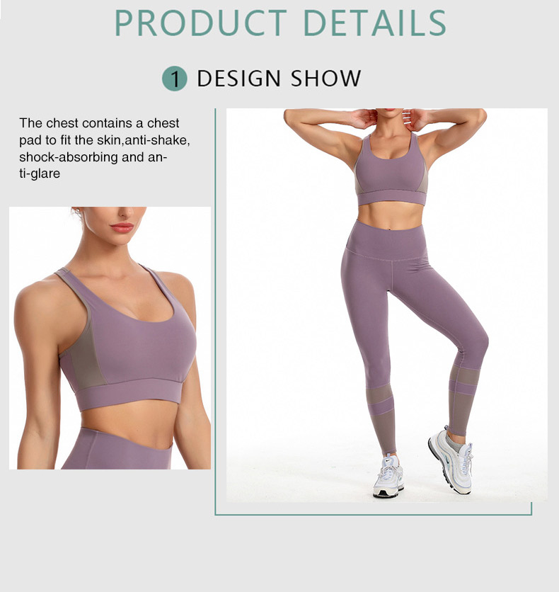 New-Yoga-Workout-Clothes-Set-Women's-Light-Color-Hollow-Beauty-Back-Bra-Splicing-Trousers-Two-piece-Set